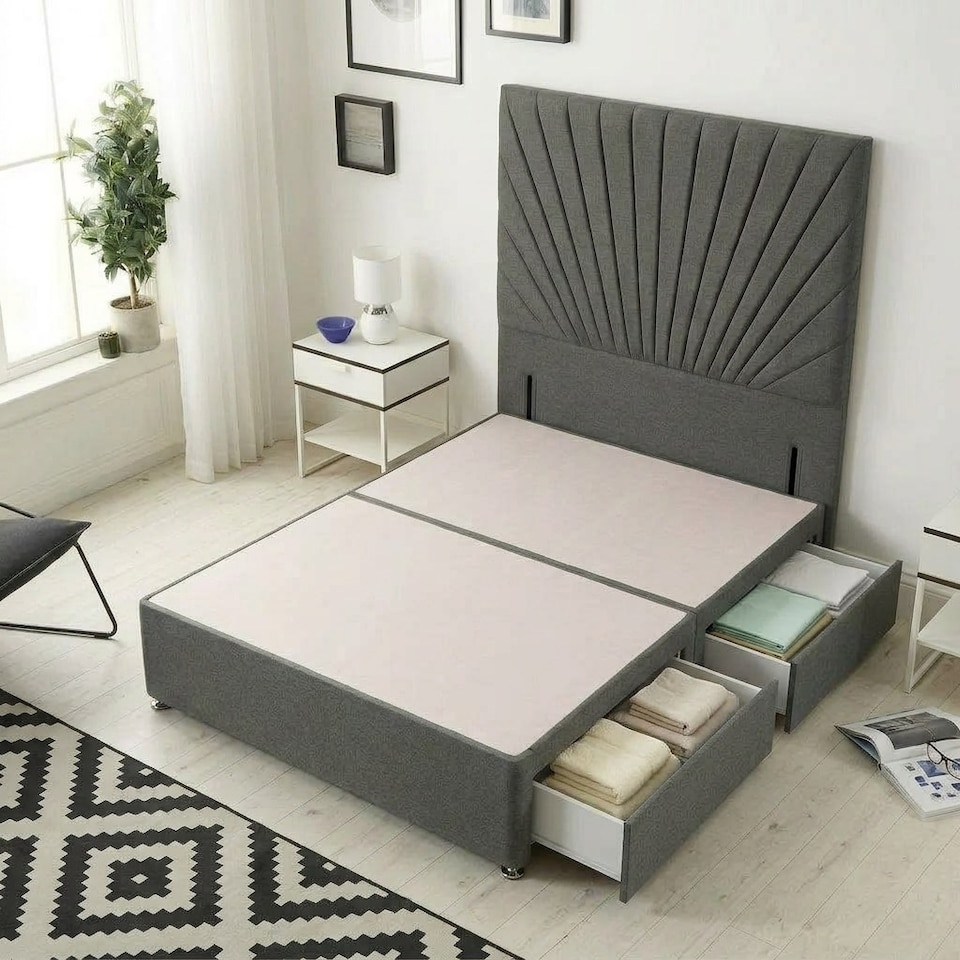 image 1 of Sunburst Divan Bed with 2 Drawers & 54'' Floor Standing Headboard Tweed Fabric | Grey | Charcoal