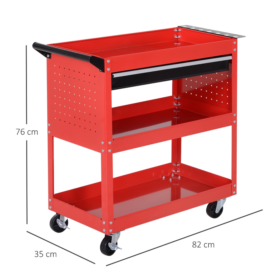 image 1 of DURHAND 3-Tier Tool Trolley Cart Storage Shelf Roller Cabinet DIY Box Garage Workshop with Drawer Red