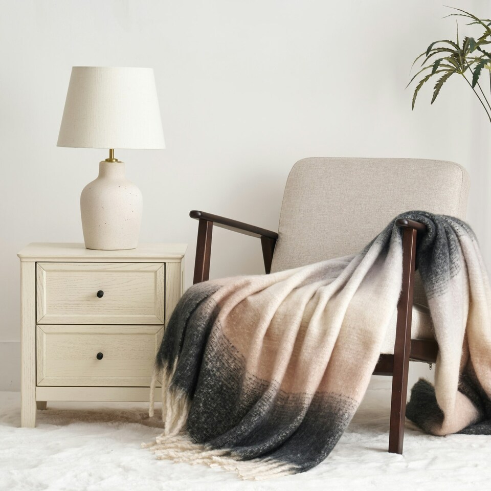 image 1 of Ombre Faux Mohair Throw - Soft, Stylish, Fringed Blanket Grey
