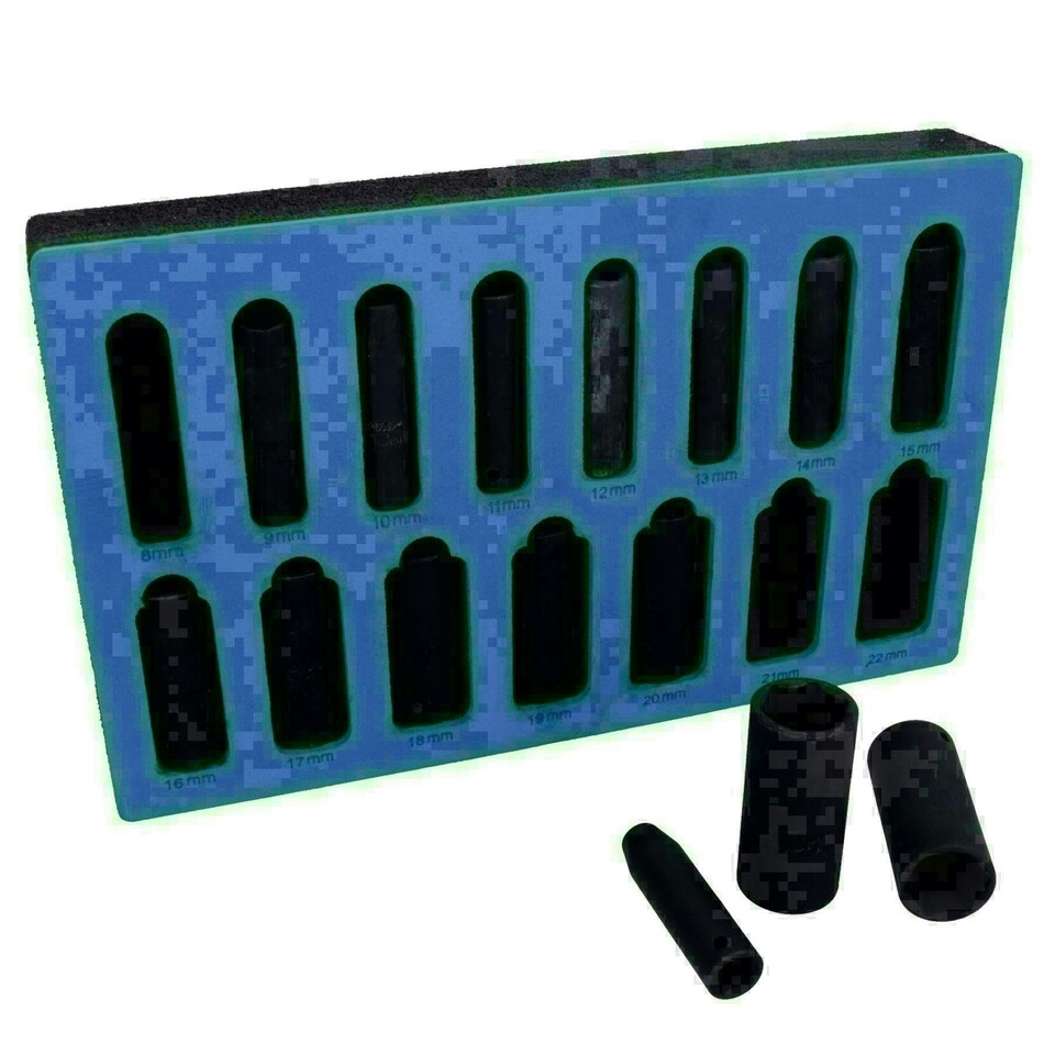 image 1 of 3/8in Drive Deep Metric Impact Impacted Sockets 6 Sided 8mm - 22mm 15pc Set