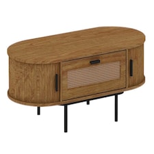 Coffee Table Front Rattan Drawer with Metal Legs - MFC/MDF - L55 x W120 x H40 cm - Light Oak Brown