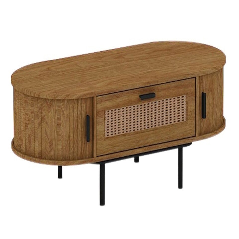 image 1 of Coffee Table Front Rattan Drawer with Metal Legs - MFC/MDF - L55 x W120 x H40 cm - Light Oak Brown