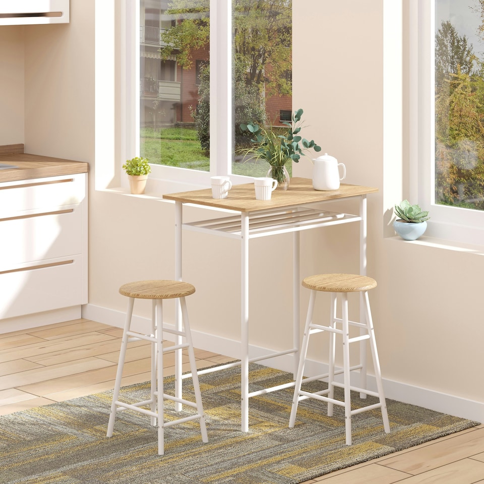 image 1 of HOMCOM 3-Piece Dining Set with 2 Matching Chairs and 1 Table, White and Oak