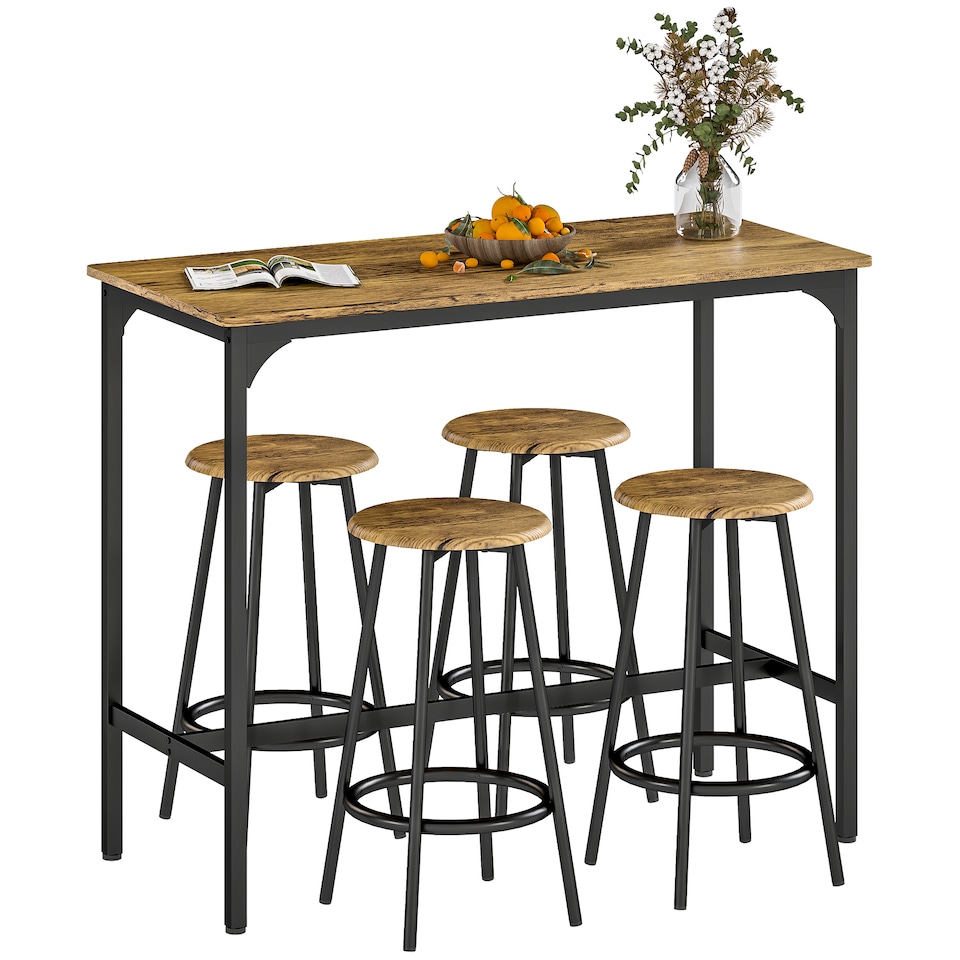 image 1 of HOMCOM 5 Piece Bar Table and Stools Set with Metal Frame Rustic Brown | Brown