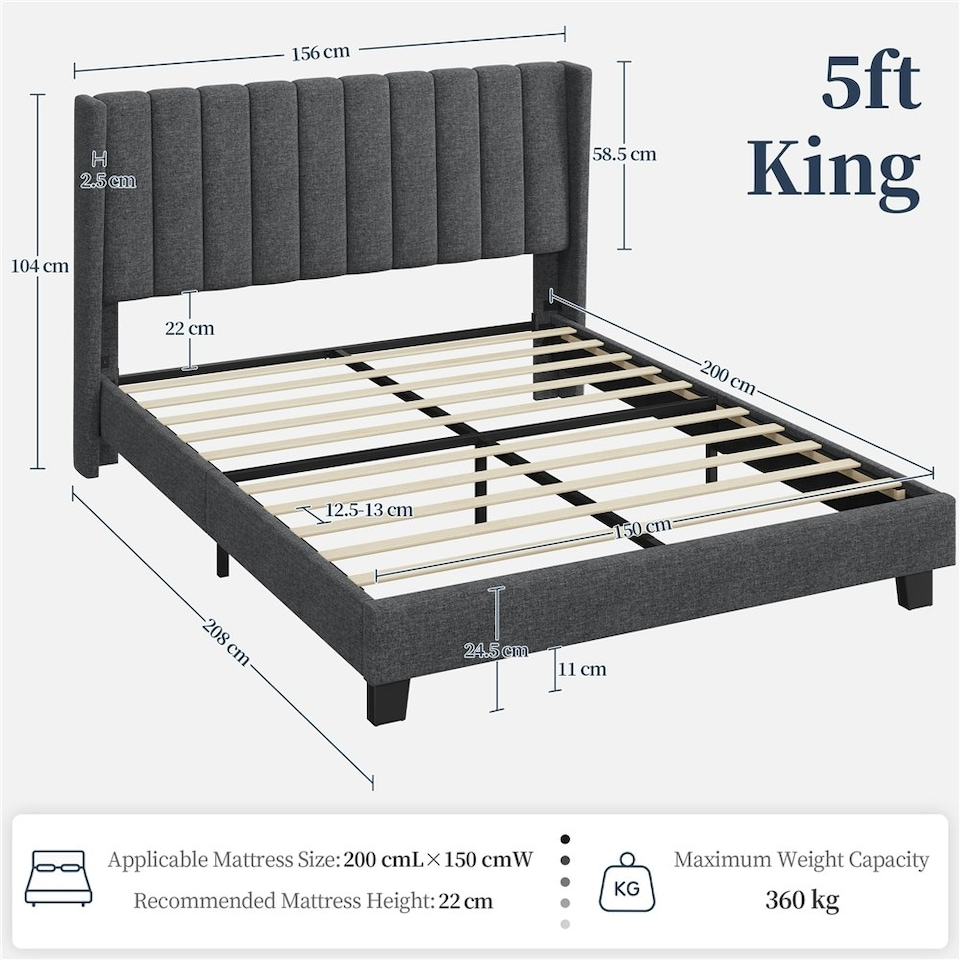 image 1 of Yaheetech 150 cm W × 200 cm L  Upholstered Bed Frame with Wing Side Dark Grey