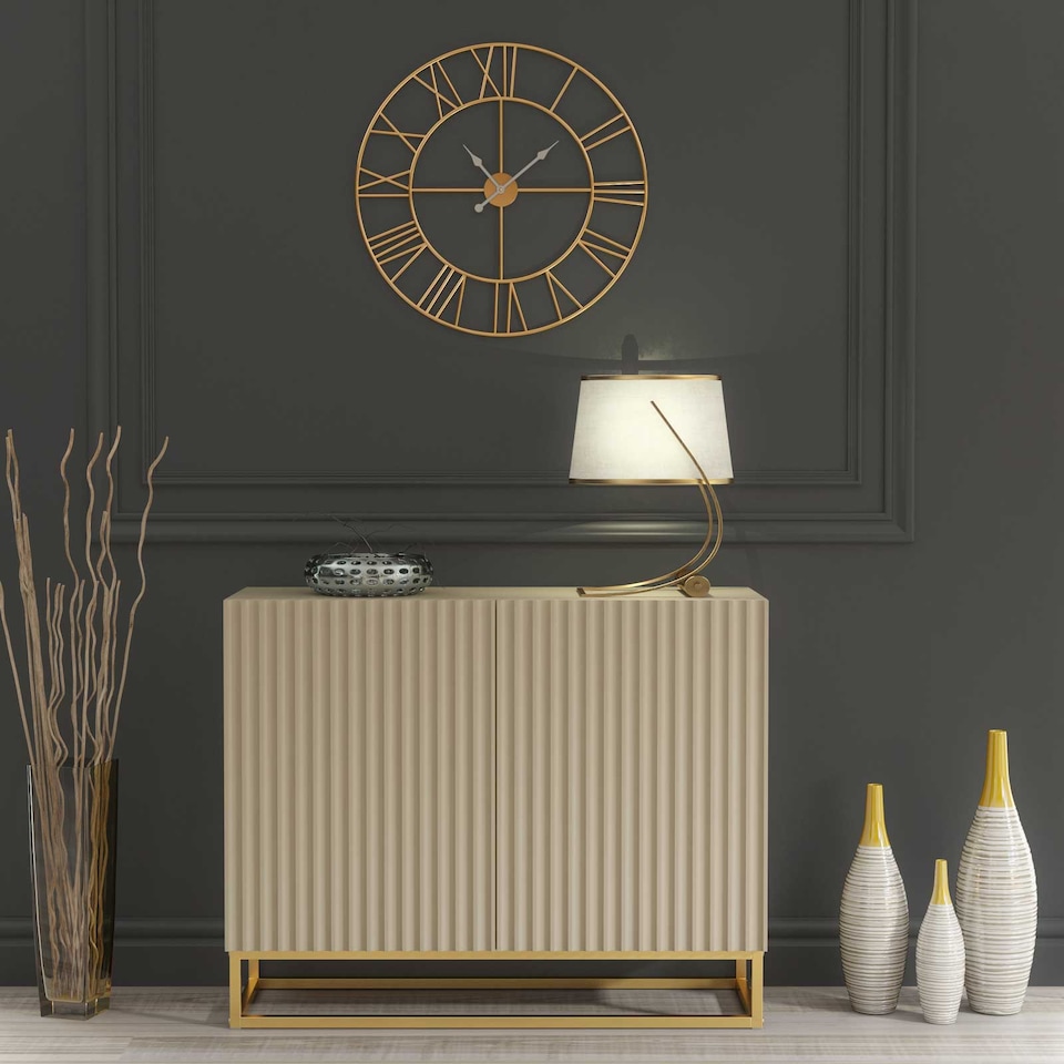 image 1 of Sideboard Cabinet Storage Cupboard Fluted Doors Cashmere Matt Gold Metal Legs Living Dining Room Hallway Furniture 100cm
