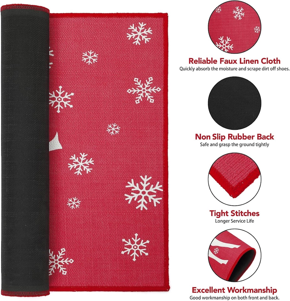 image 1 of London Boutique Christmas Doormat with Snowflake and Reindeer Print, Anti-Slip Washable Door Mat, Red, 50 x 80 cm