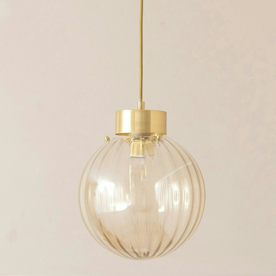 image 1 of ValueLights Chessy Ribbed Glass Globe Brushed Gold Capped Ceiling Pendant Light Gold