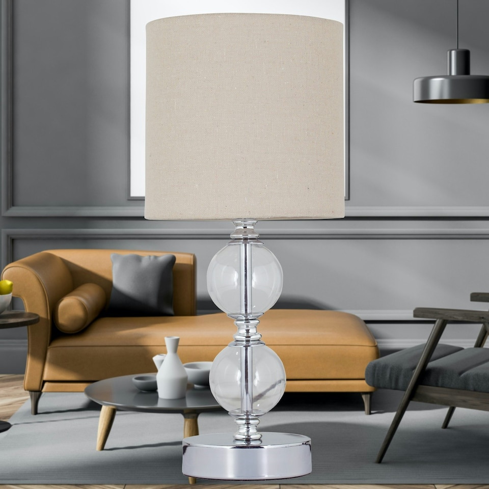 image 1 of First Choice Lighting Set of 2 Chrome Two Ball Table Lamps with Natural Linen Shades Chrome | Brown