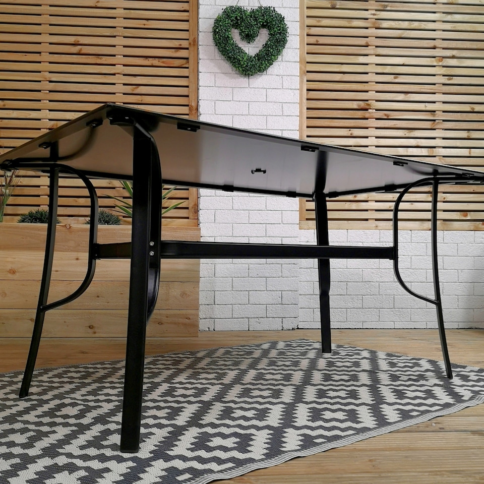 image 1 of 6 Person Rectangular Black Garden Patio Table with Glass Top & Parasol Hole