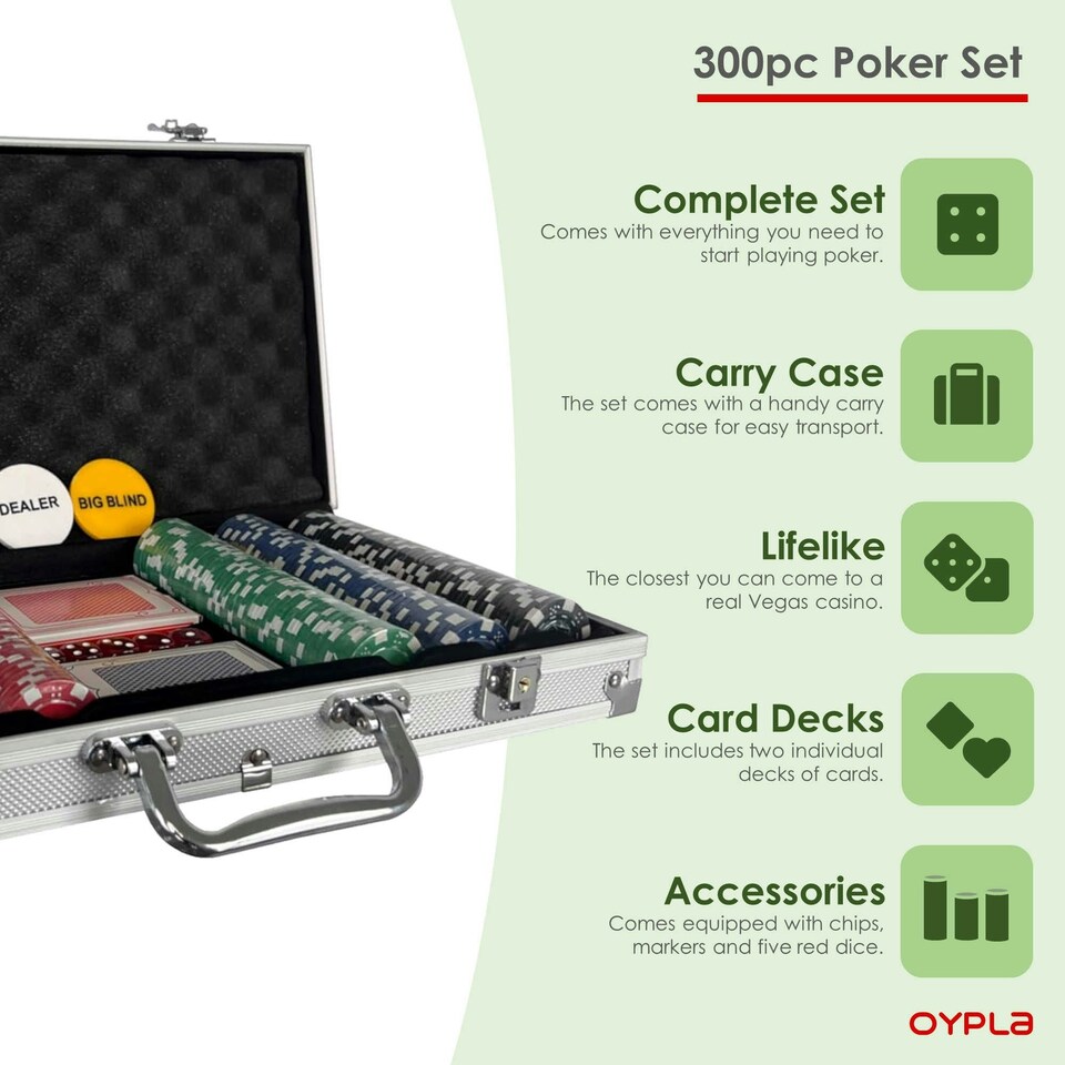 image 1 of Oypla Poker Set - 300 Piece Texas Hold Em Complete With Chips, Cards, Dice, And Casino Style Case