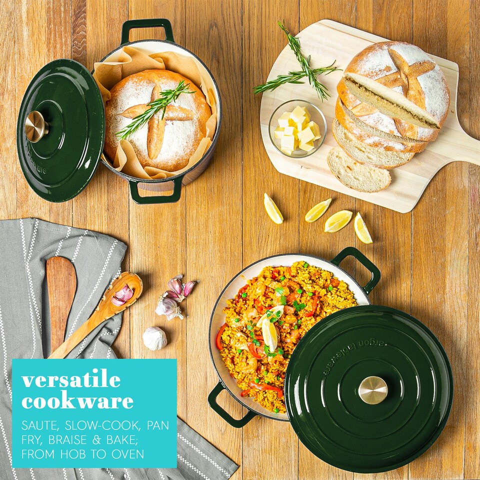 image 1 of Argon Tableware Round Cast Iron Casserole Dishes - 4.65L - Green - Pack of 2 | Green | Green | 2