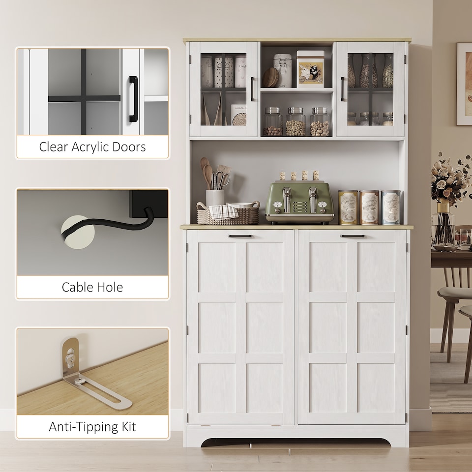 image 1 of HOMCOM 175cm Tall Kitchen Cabinet with Charging Station, Rubbish Bin, White