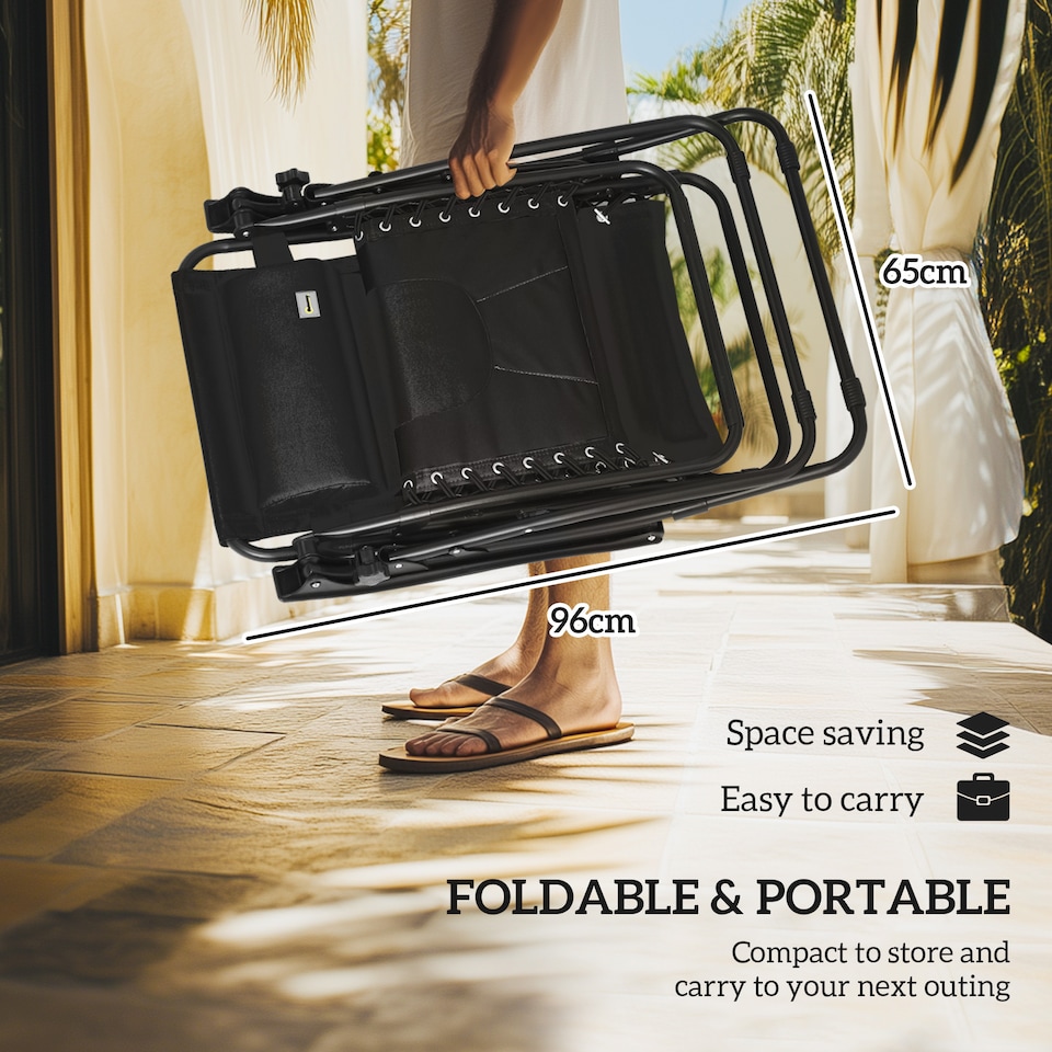 image 1 of Outsunny Zero Gravity Lounger Chair, Folding Reclining Patio Chair with Shade Cover, Padded Seat, Cup Holder, Soft Cushion and Headrest for Poolside, Camping, Black | Black | Black