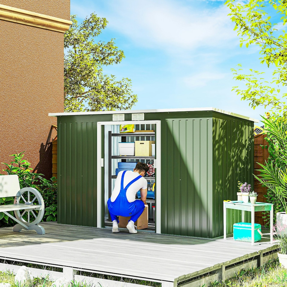 image 1 of Outsunny 9 x 4FT Metal Garden Storage Shed w/ 2 Door, Light Green