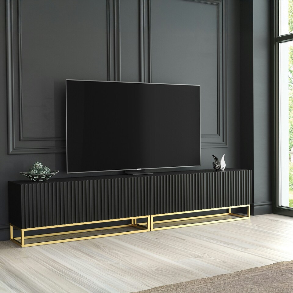 image 1 of Modular TV Unit 200cm Black Matt with Fluted Fronts and Gold Base Black