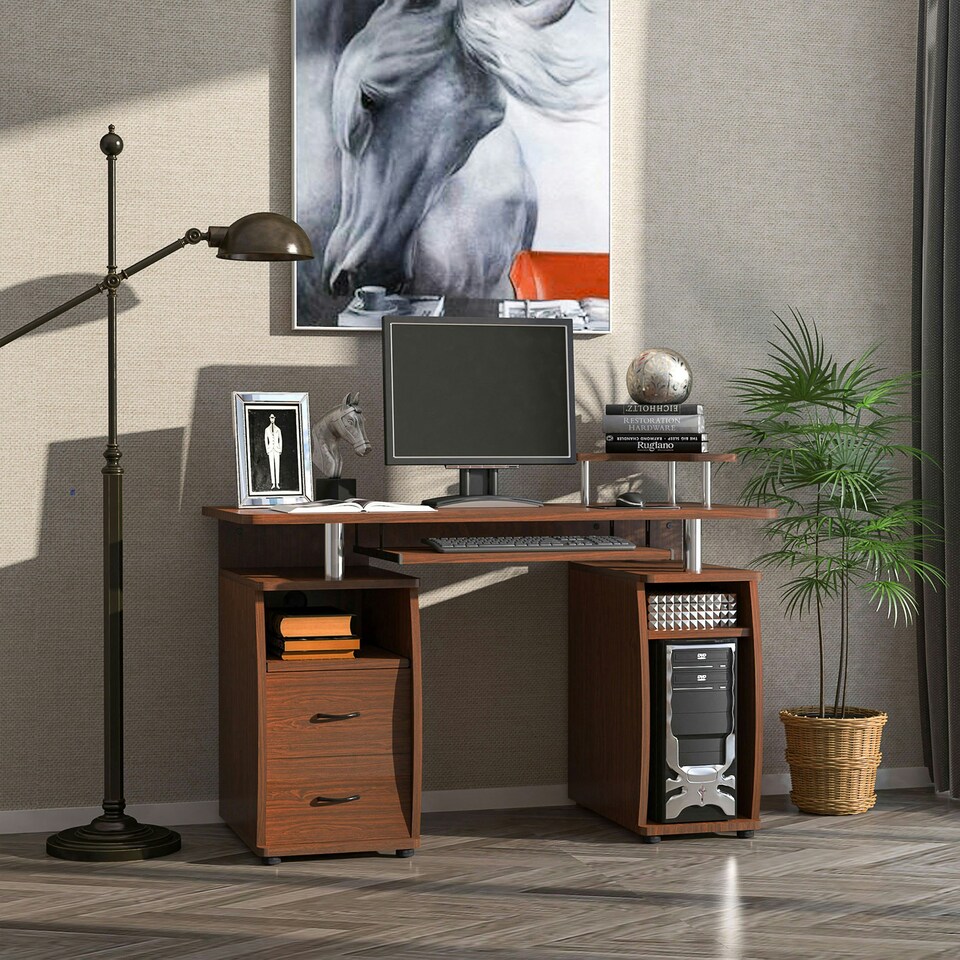 image 1 of HOMCOM Computer Desk Table Workstation with Keyboard Tray, Brown