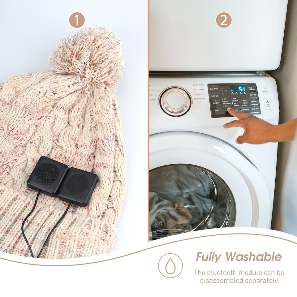 image 1 of Pom Pom Beanie Hat with Rechargeable Bluetooth Wireless Headphones Integrated – Audio, Volume, Call Buttons - Built-In Mic for Hands Free Calls - August EPA30G | Cream | 1