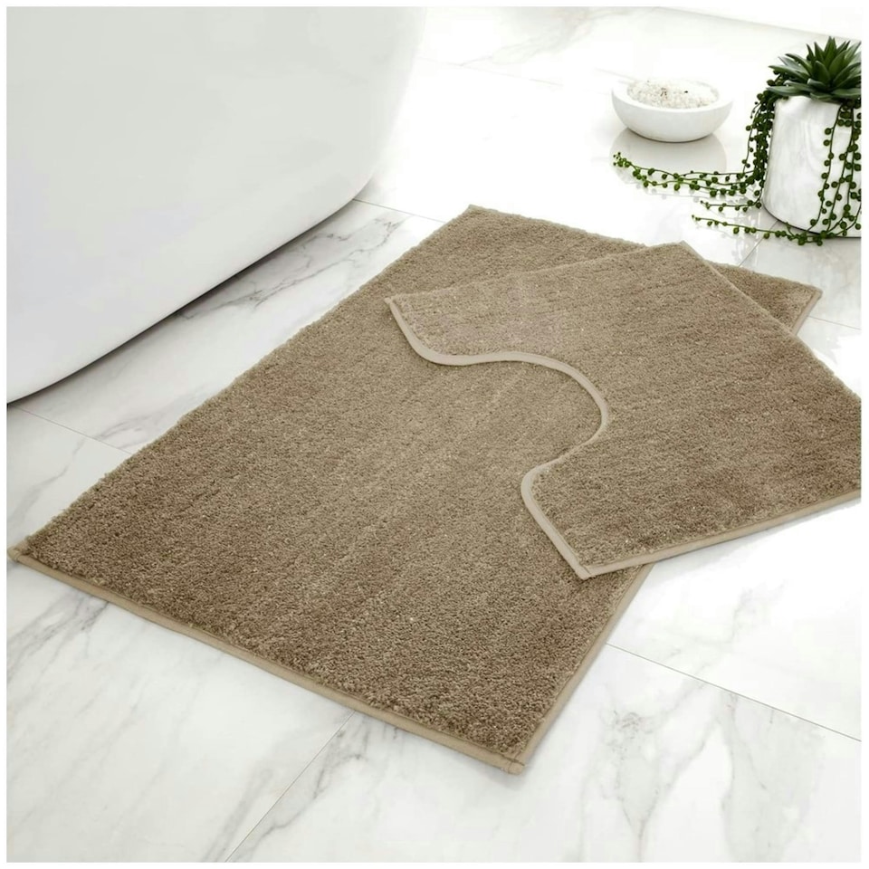 image 1 of VELVETIO Shiny Sparkling Bath Set Anti Slip Pedestal Mat Bathroom Rugs Brown | Natural