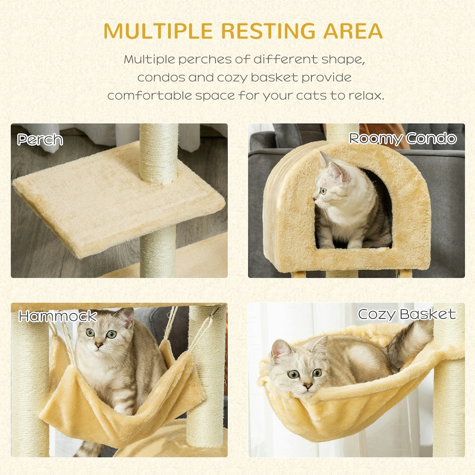image 1 of PawHut Cat Tree Scratching Post Kitten Activity Centre with Hammock, Beige