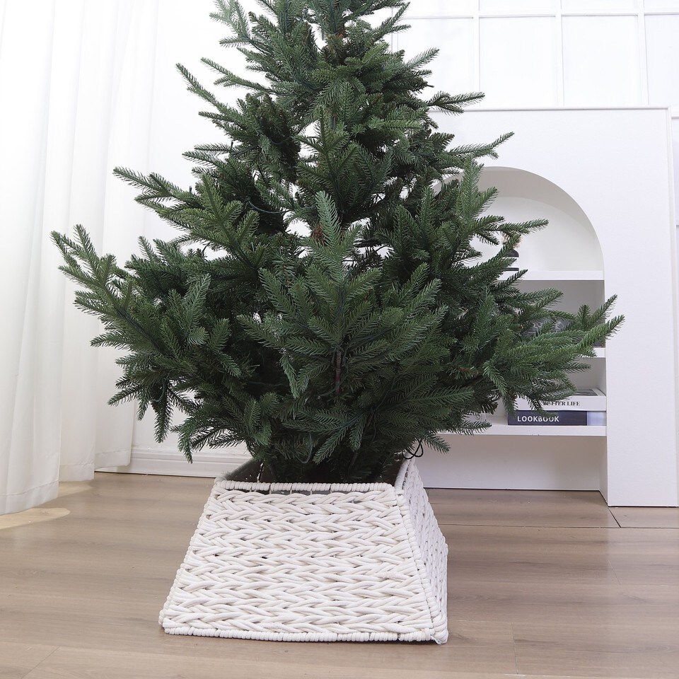 image 1 of 47cm Square Christmas Tree Skirt Stand Decorative Base Festive Xmas PVC Rope | Multi | White Rope | 1