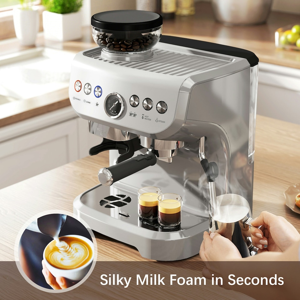 image 1 of HOMCOM Espresso Machine, Bean Grinder & Steam Wand, 15 Bar Pressure, Silver.