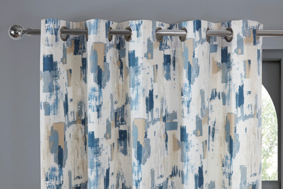 image 1 of Bamford - Fully Lined Abstract Curtains - Eyelet - Polycotton (Cobalt, 66'' x 90'' - 168cm x 229cm (Pair)) | Blue | Cobalt | (W) 168cm x (L) 228cm