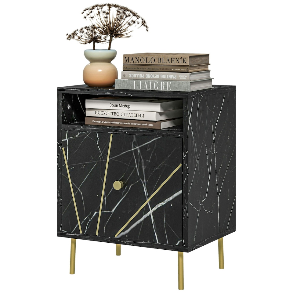 image 1 of HOMCOM Modern Bedside Table with Drawer and Open Shelf Black Marble Effect