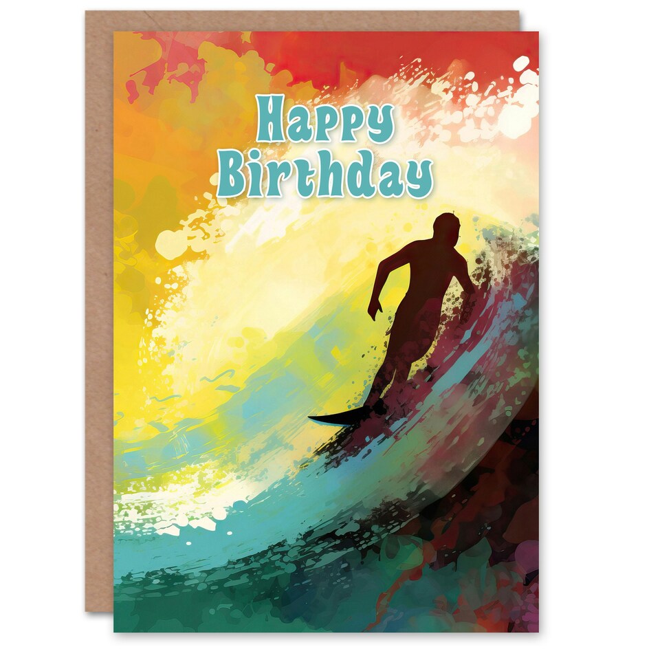 image 1 of Happy Birthday Surfing Surfer Colorful Wave Surf Birthday Card