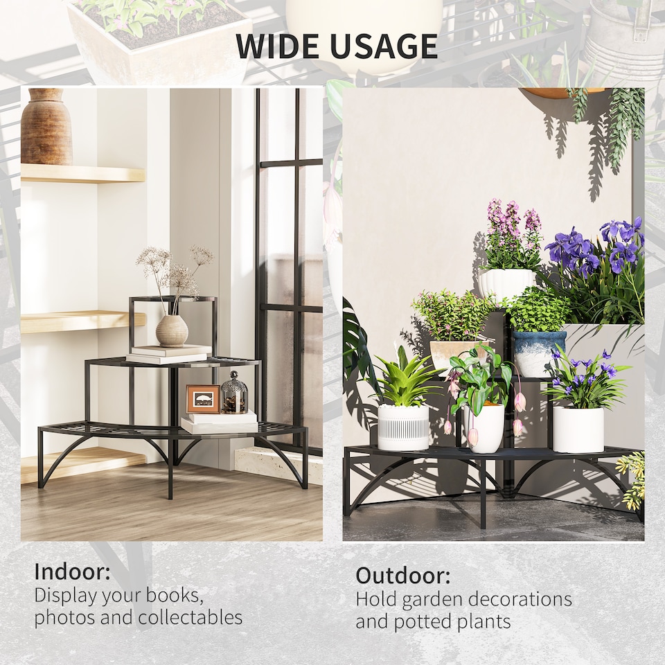 image 1 of Outsunny 3 Tier Metal Corner Plant Stand for Garden Balcony Patio, Black | Black | Black