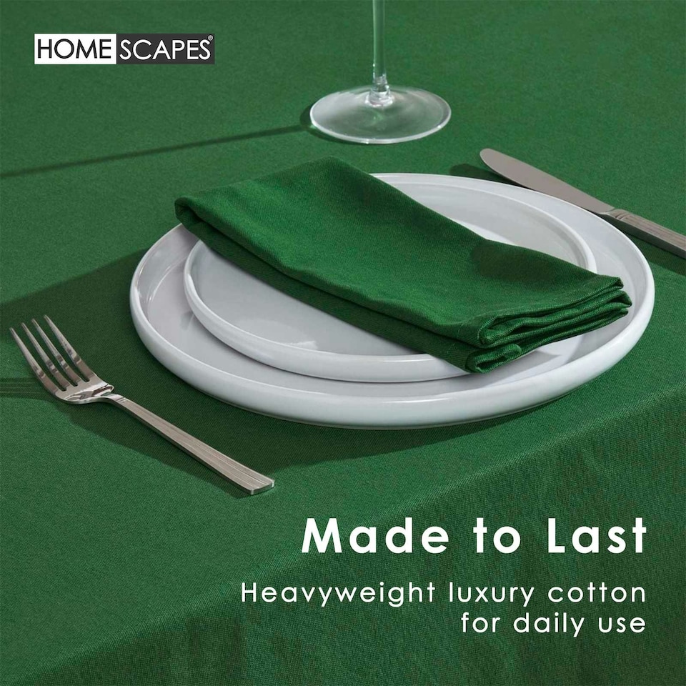 image 1 of Homescapes Plain Cotton Dark Green Tablecloth - 178 x 305 cm Green