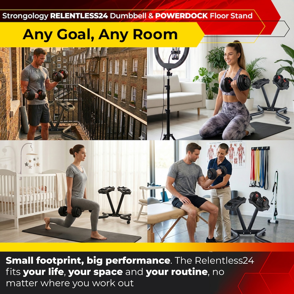 image 1 of Strongology RELENTLESS24 Adjustable Dumbbell Pair (2.5-24kg) and POWERDOCK Stand 15-in-1 Quick-Select Weights Home Gym Bundle