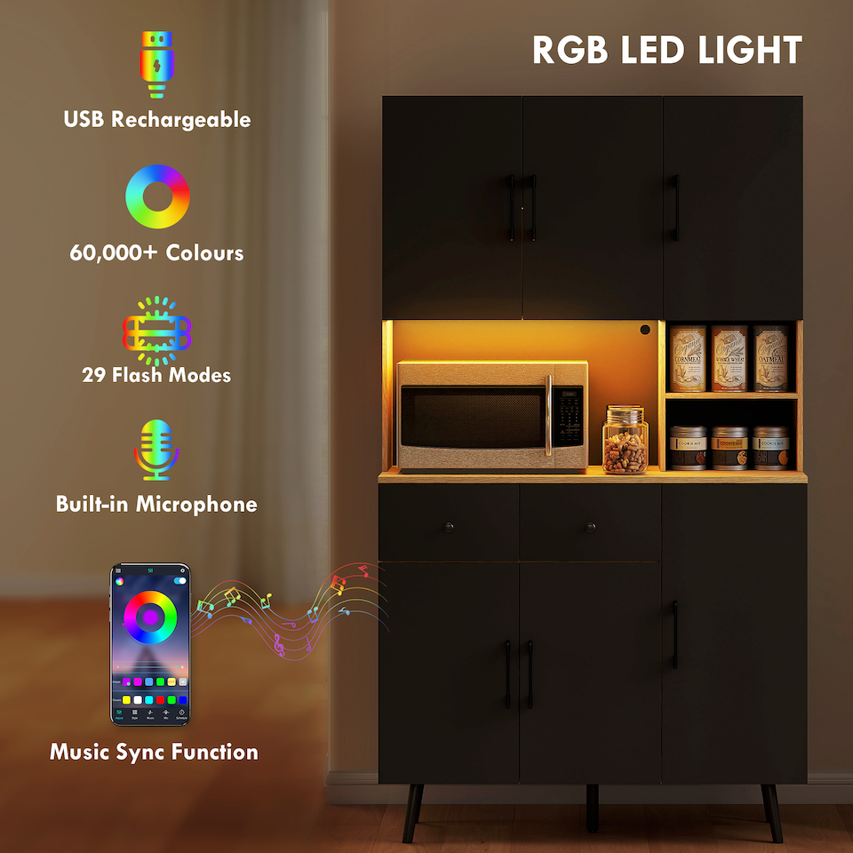 image 1 of HOMCOM Tall Kitchen Cupboard with LED Lights and Adjustable Shelves, Oak
