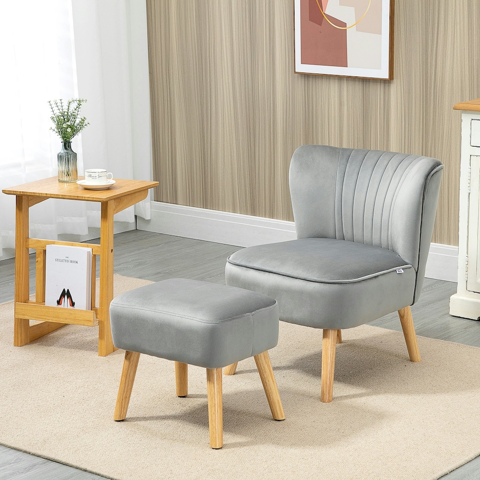 image 1 of HOMCOM Velvet-Feel Accent Chair w/ Ottoman Tub Seat Padding Wood Legs Light Grey