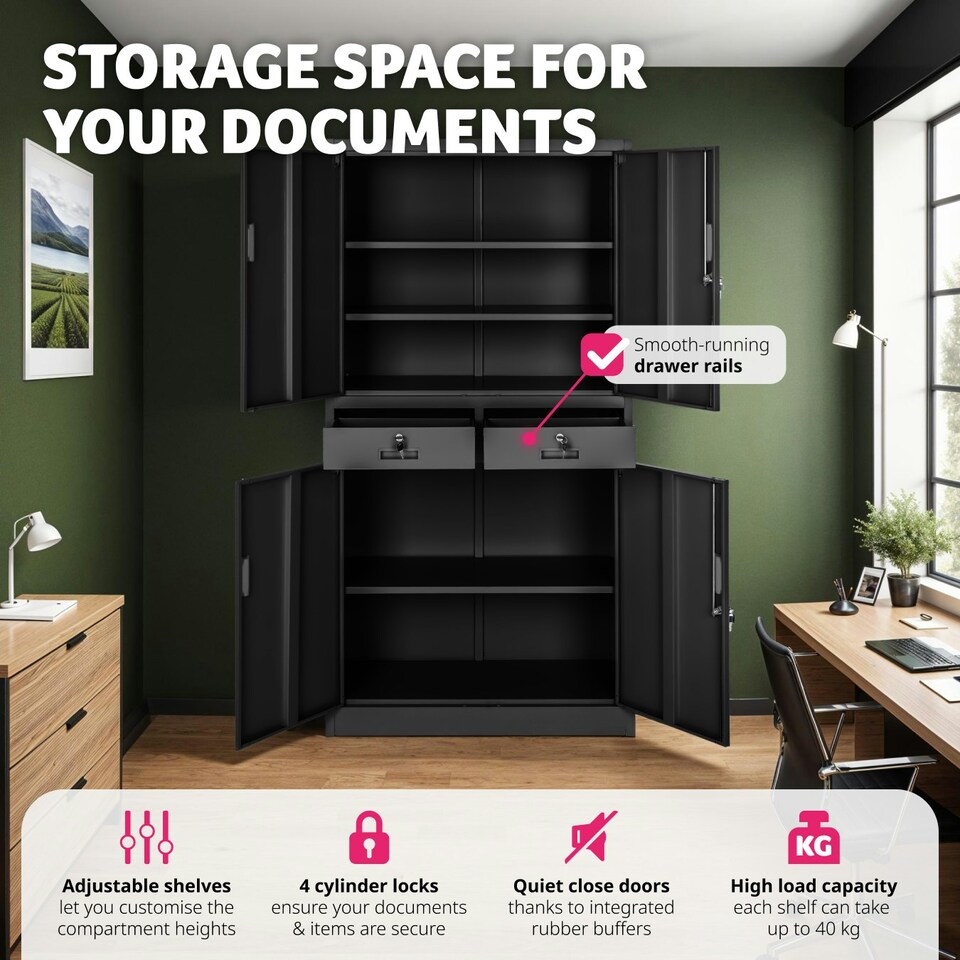 image 1 of Filing Cabinet Cosmo - 2 drawers, 5 adjustable shelves, 180 x 80 x 40 cm Black