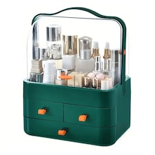Neo Acrylic Makeup Organiser with Lid & Drawers Portable Dustproof Cosmetic Storage Box | Green | Green | 26.5 x 18.2 x 34.7cm | 1