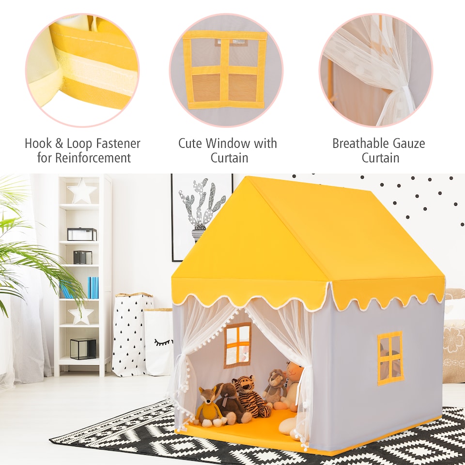 image 1 of COSTWAY Kids Play Tent Indoor Playhouse with Padded Mat-Yellow