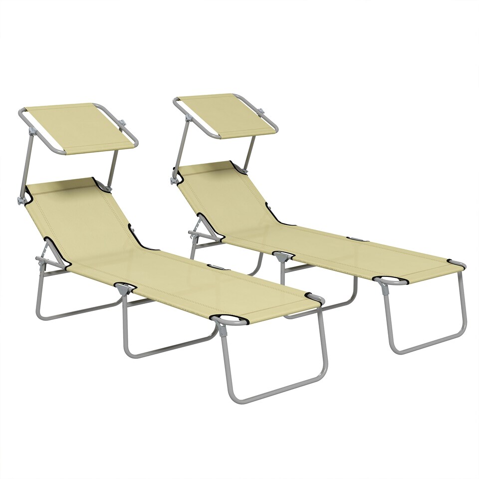 image 1 of Outsunny Folding Sun Lounger Set of 2 w/ Sunshade Adjustable Backrest Beige