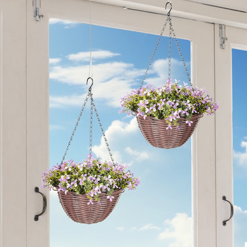 image 1 of HOMCOM Artificial Flowers in Basket Set of 2 with 75 Leaves and 15 Flowers | Purple | Purple