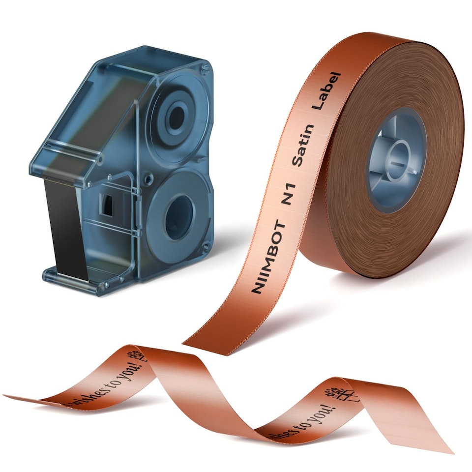 image 1 of NIIMBOT N1 Printable Satin Gift Ribbon 14mm x 5.1m Black on Brown