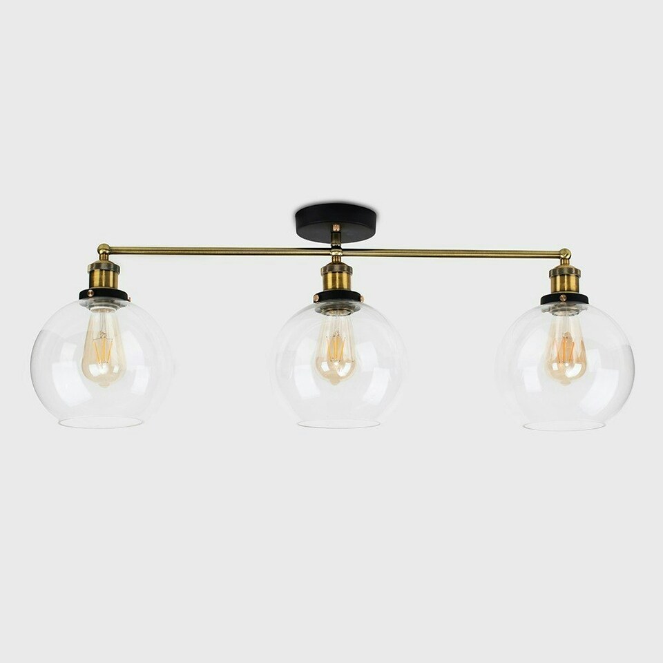 image 1 of ValueLights Retro 3 Way Black And Gold Steampunk Ceiling Light Fitting With Glass Shades