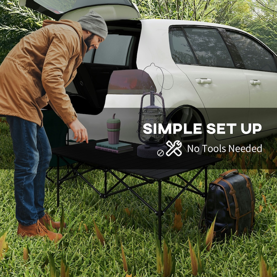 image 1 of Outsunny Portable Folding Camping Table w/ Roll Up Aluminium Top Carry Bag Black