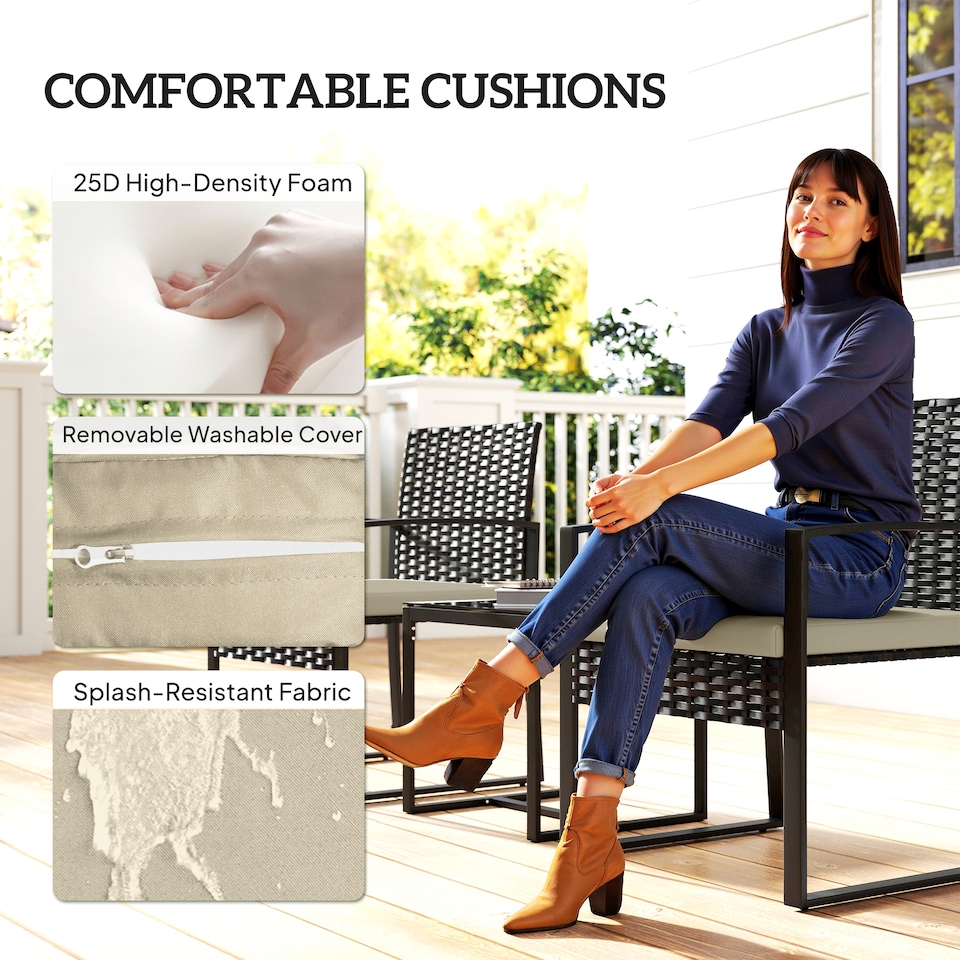 image 1 of Outsunny Rattan Bistro Set, 3 PCS Garden Furniture with Cushion, Khaki | Brown | Khaki seat, brown rattan, black frame | Chair: 55W x 58D x 76H cm; Table: 40L x 40W x 40H cm