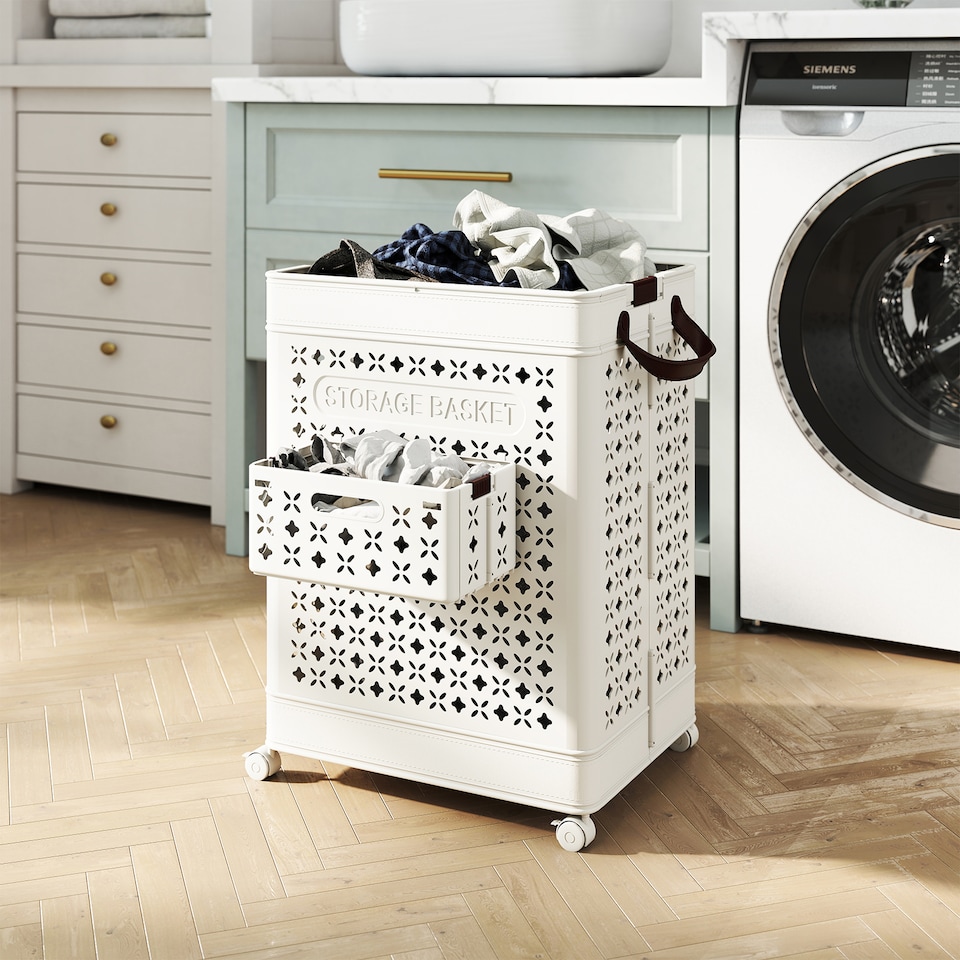 image 1 of COSTWAY Collapsible Laundry Basket 75 L Plastic Storage Bin with Handles-White
