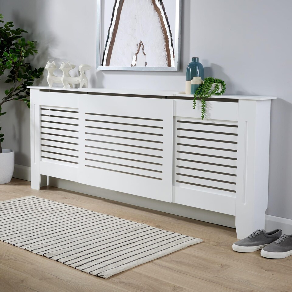 image 1 of Extending Radiator Cover Adjustable Wooden MDF Slatted Grill | White