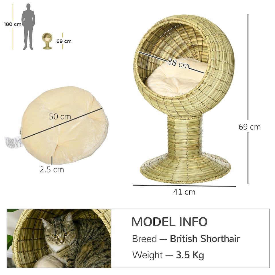 image 1 of PawHut Raised Cat House, Natural Mat Grass Cat Bed w/ Stand Cushion, Φ41x 69 cm