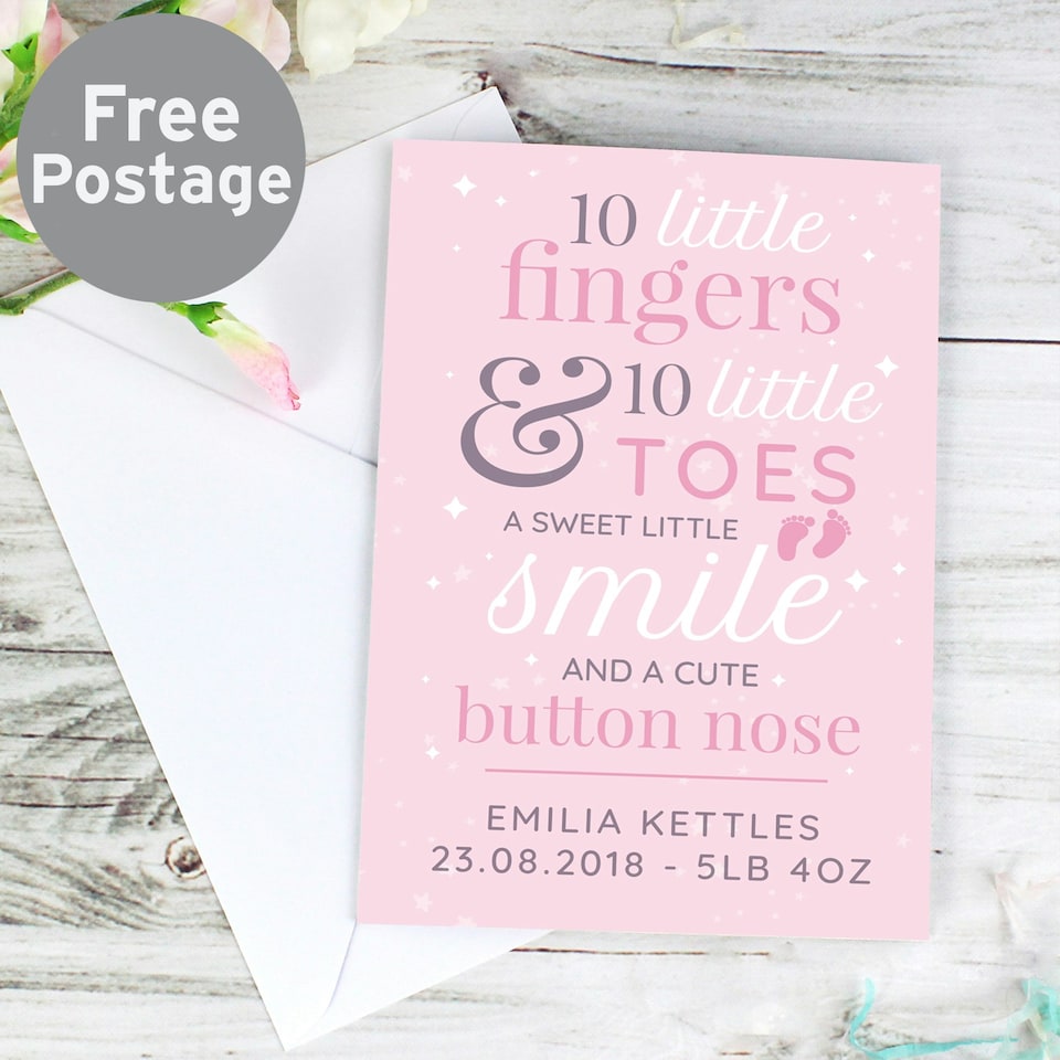 image 1 of Personalised '10 Little Fingers' Pink Baby Card