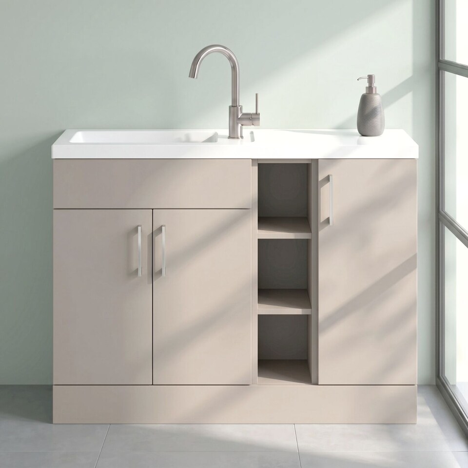 image 1 of Balterley Wichnor Contemporary Floor Standing Compact 3 Door Combination Vanity Basin Unit with Open Shelves and Polymarble Basin, 1100mm, Pebble Grey