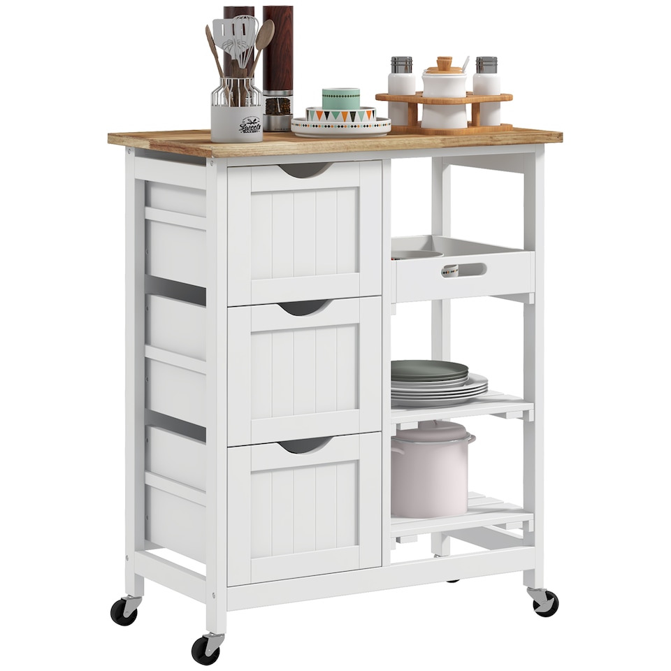 image 1 of HOMCOM Rolling Kitchen Island Cart, Bar Serving Cart, Compact Trolley on Wheels with Wood Top, Shelves & Drawers for Home Dining Area, White