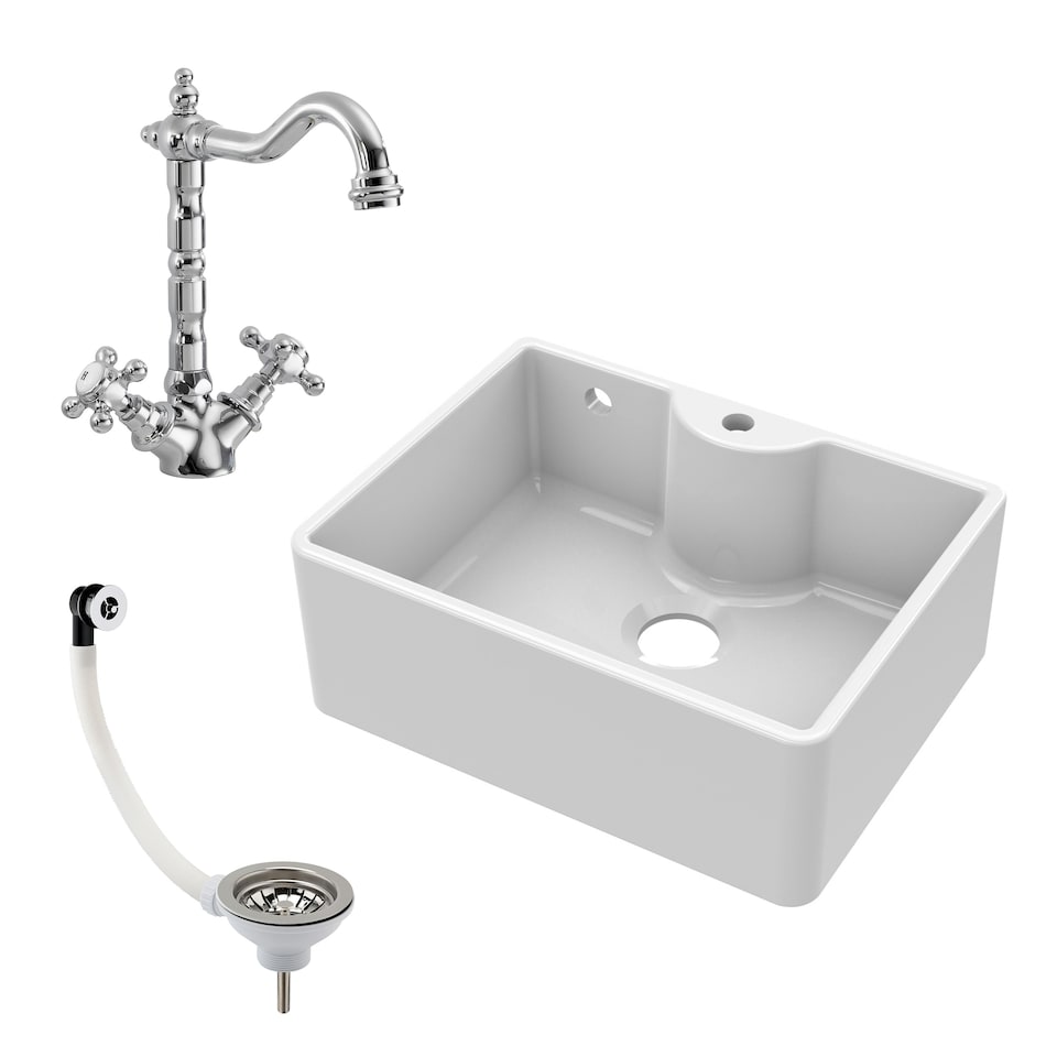 image 1 of Fireclay 595mm - Butler Kitchen Sink - Tap Ledge with Overflow, Classic Tap & Waste Included by Balterley